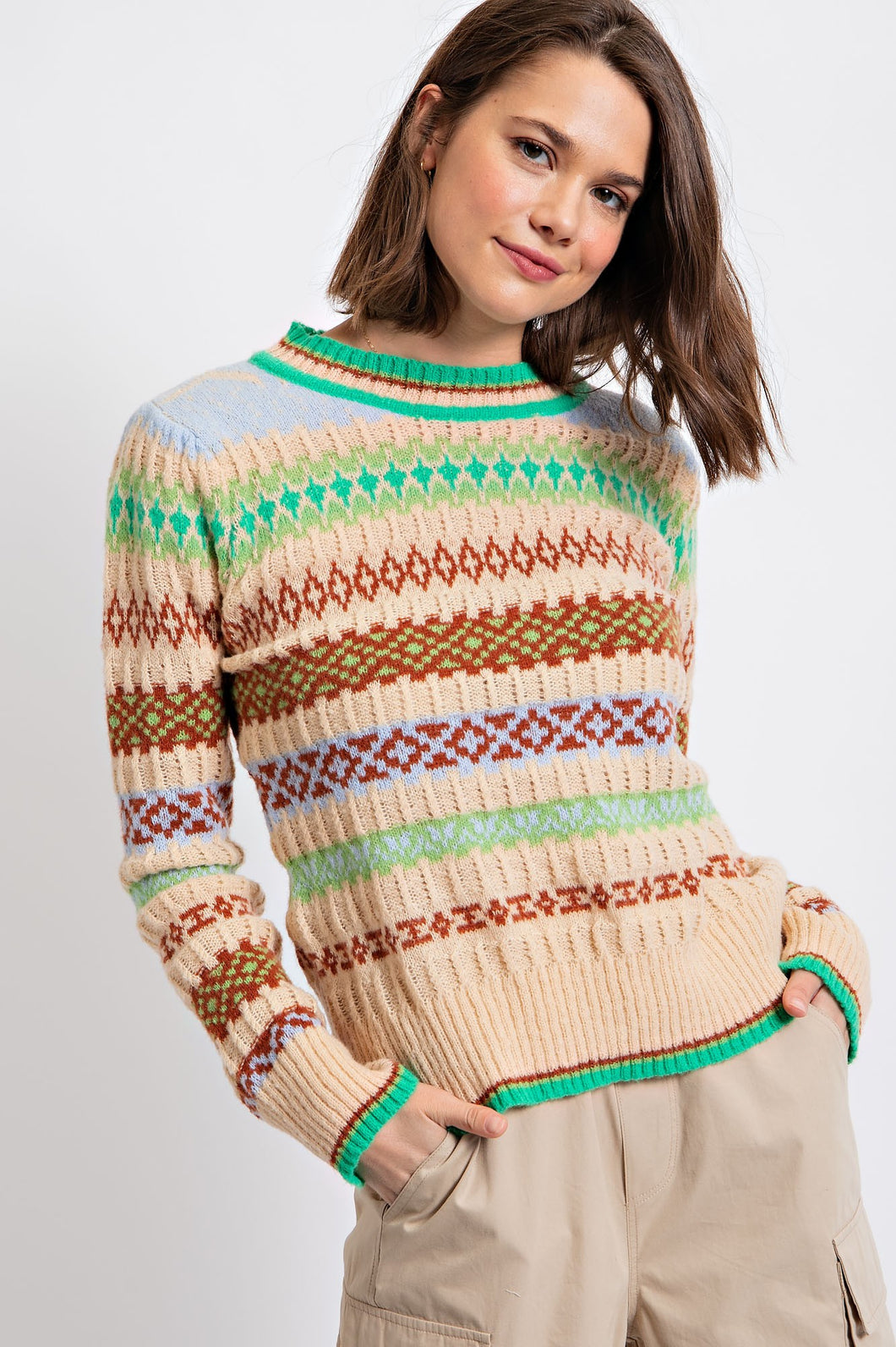 Esl Ethnic Pattern Knit Sweater -Green
