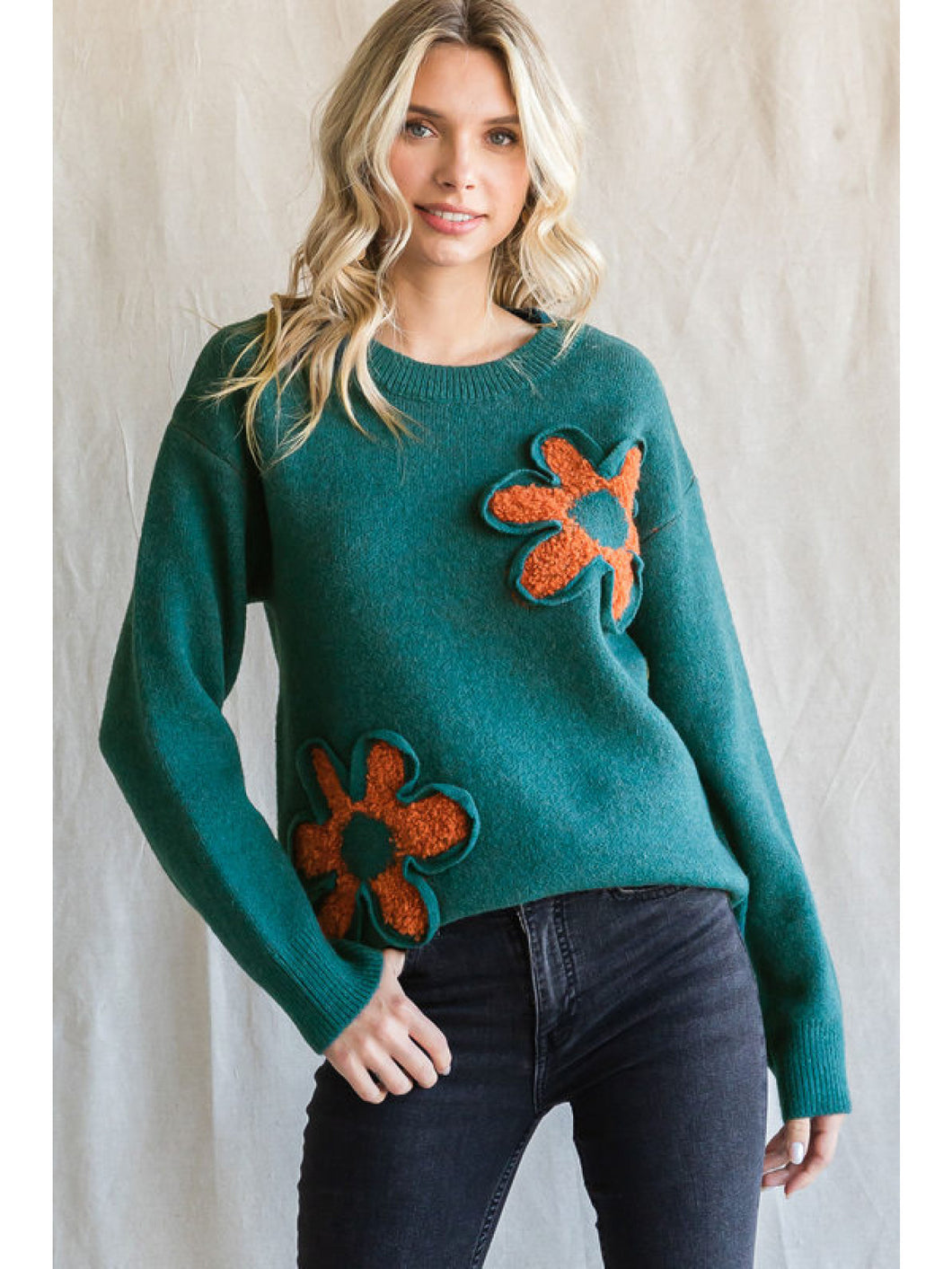 Jod Textured Flower Sweater -Teal