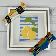 Load image into Gallery viewer, Blue Poppy Needlepoint Kit -Two Lemons on Blue Stripes 4" x 6"
