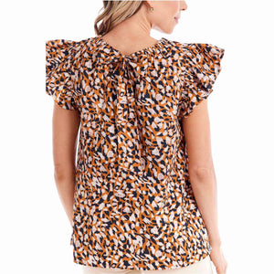Salma Flutter Sleeve Back Bow Top in Tan Abstract