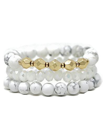 3 Row Bead & Stone Bracelet -White