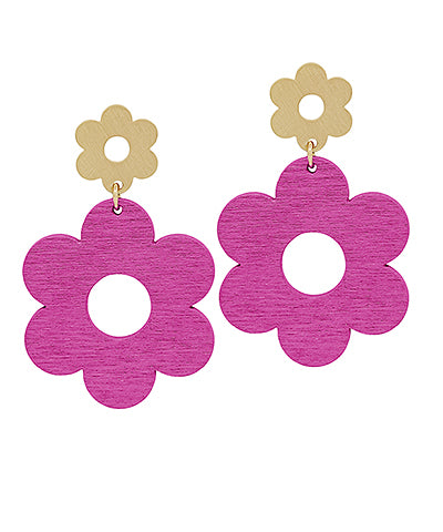 Double Flower Dangle Earrings -Fuchsia