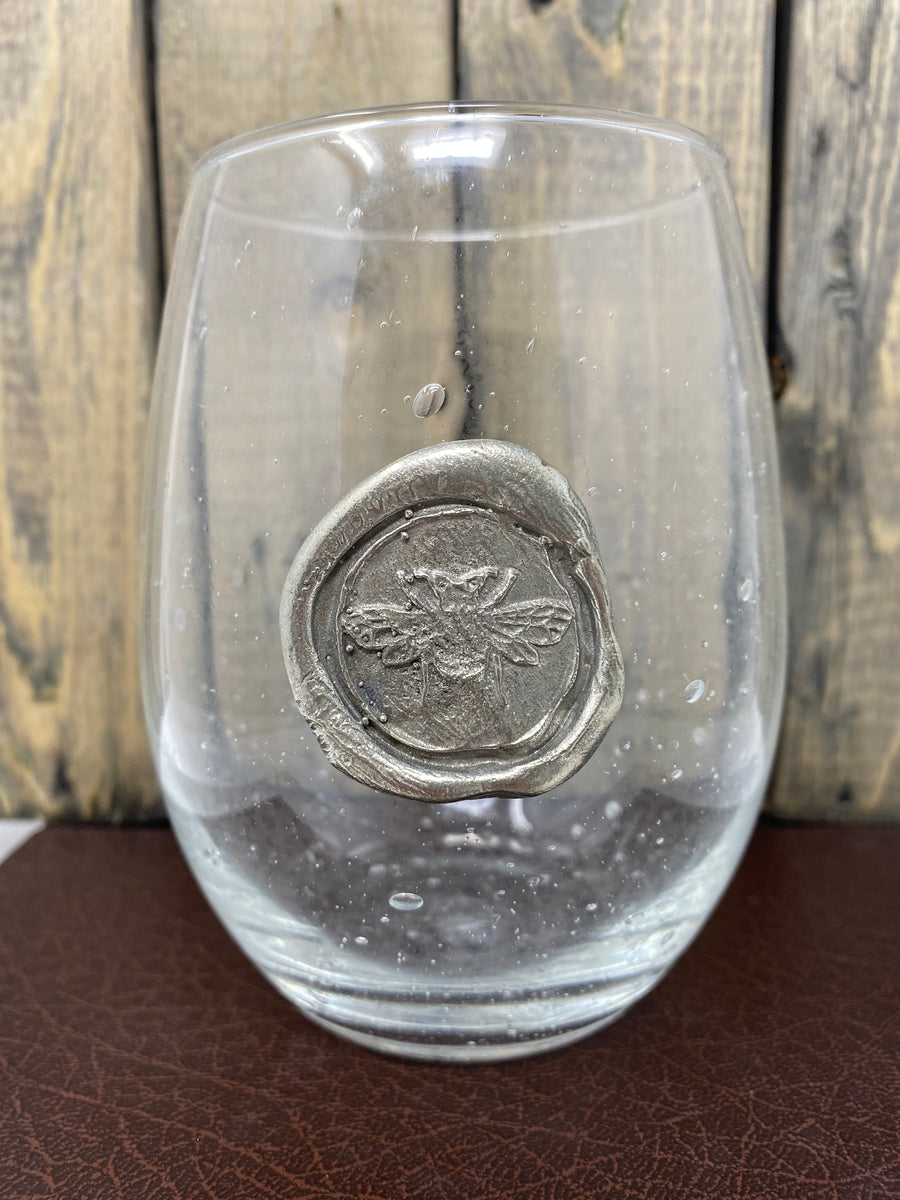 Stemless Wine Glasses Pewter Monogram “M”Bubble Glass Hand Blown  Personalized-2