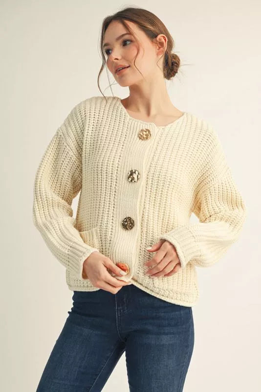 Jod Cream Gold Button Cardigan Sweater