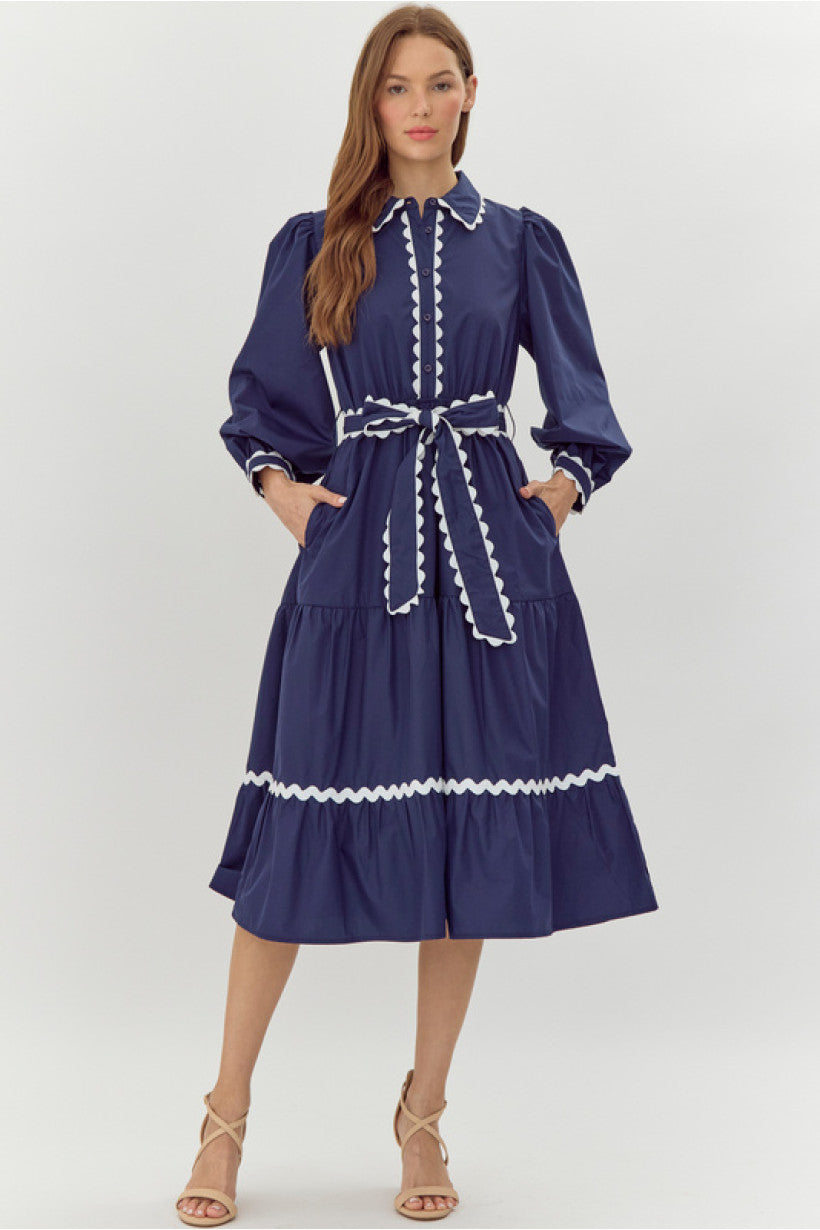 Jod Swirl Trim Navy Dress