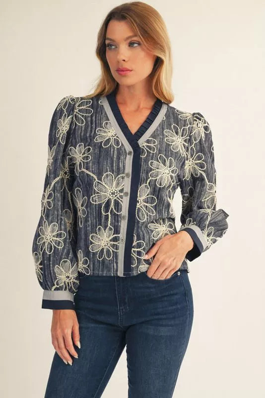Jod Denim Embroidered Flower Top