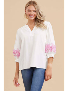 Jod Embroidered Bubble Sleeve Top -White