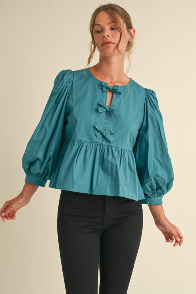 Jod Bow Tie Peplum Top -Teal