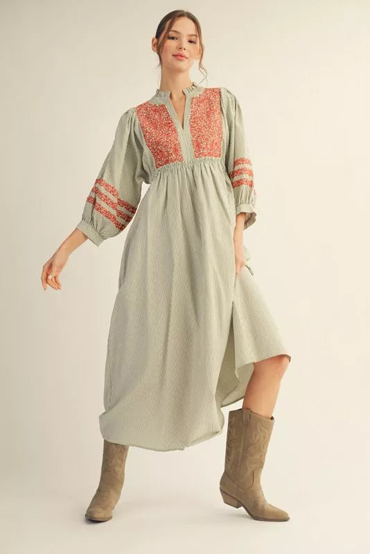 Jod Olive Stripe Embroidered Bodice Dress