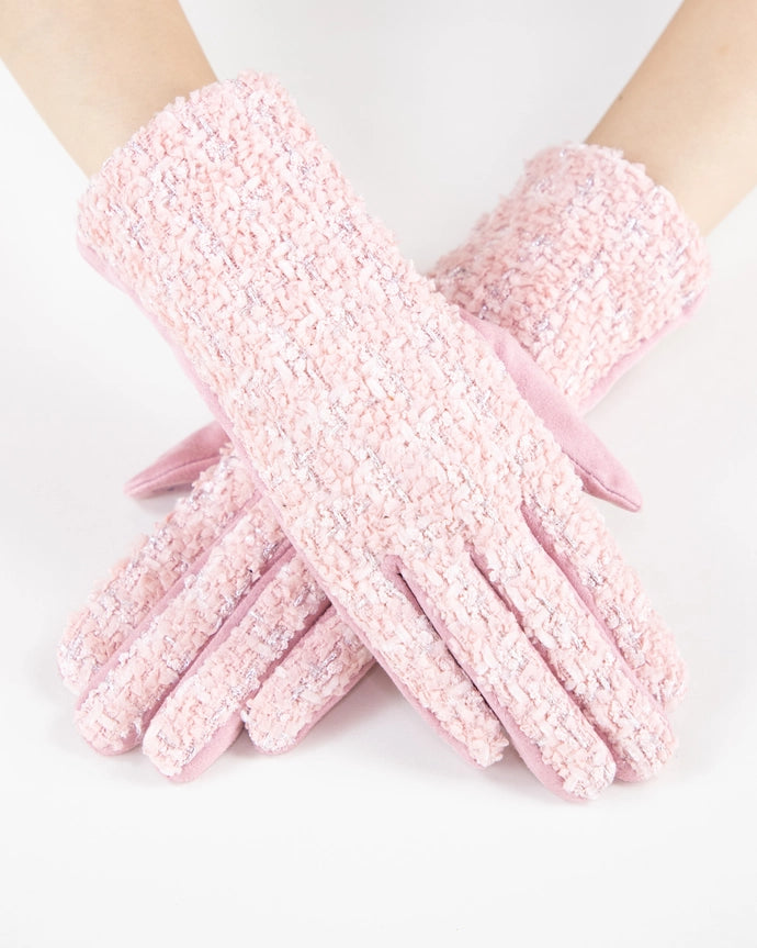 Shimmering Tweed & Suede Touchscreen Gloves -Pink