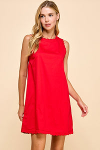 Red Scalloped Detail Round Neckline Dress