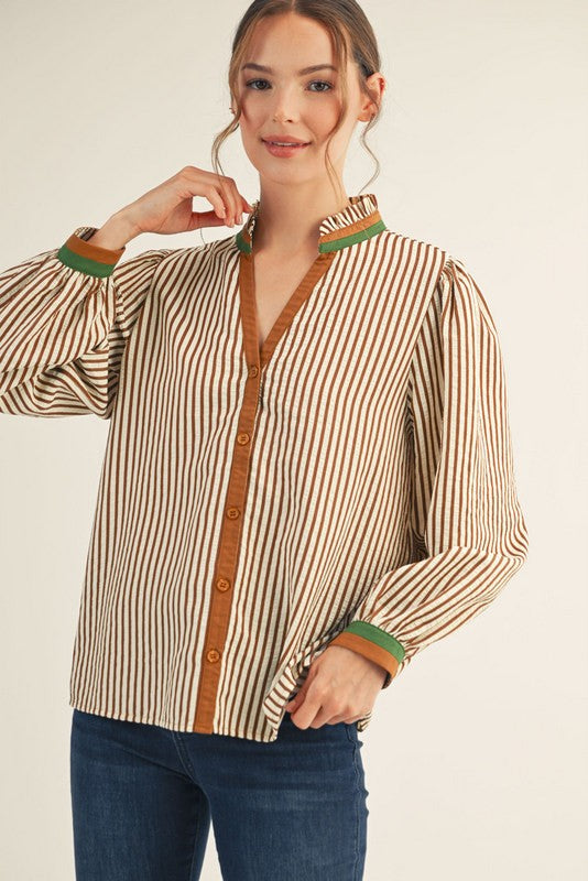 Jod Ruffled Neck Brick Stripe Top