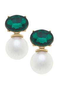 Brooke Rhinestone-Topped Pearl Earrings -Emerald