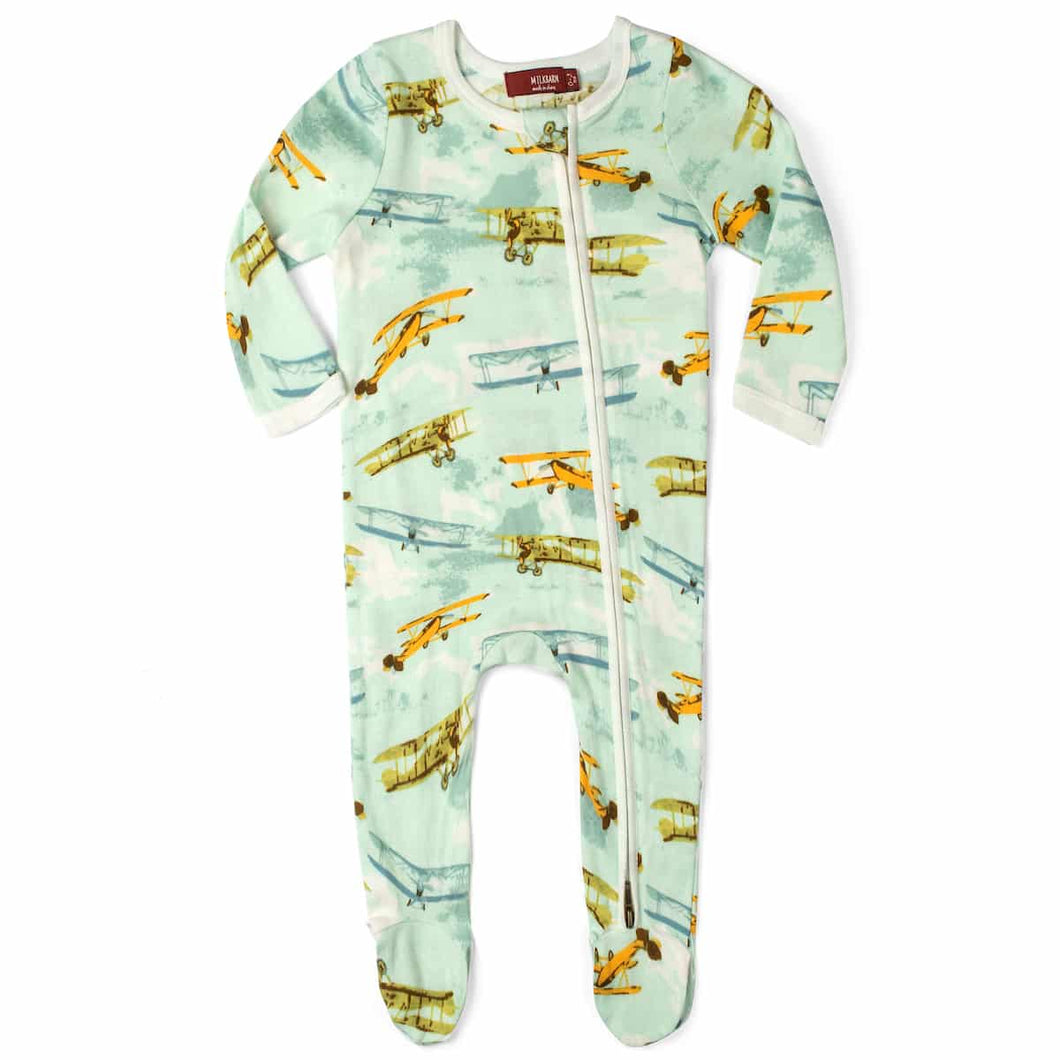 MilkBarn Zipper Footed Romper -Vintage Planes