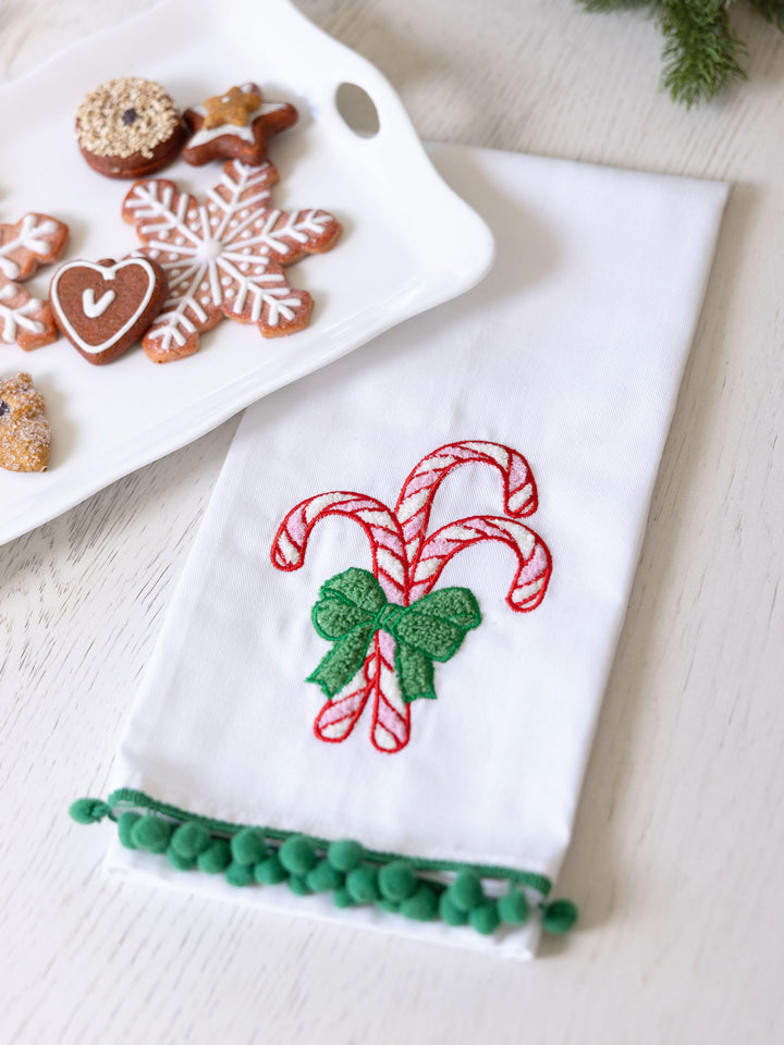 Holiday Tea Towel -Embroidered Candy Cane