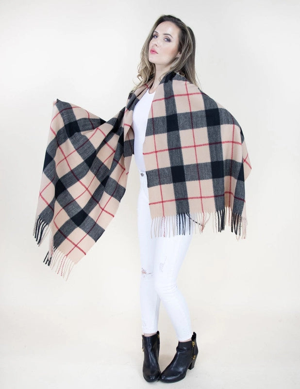 Wide Lines Plaid Scarf -Camel