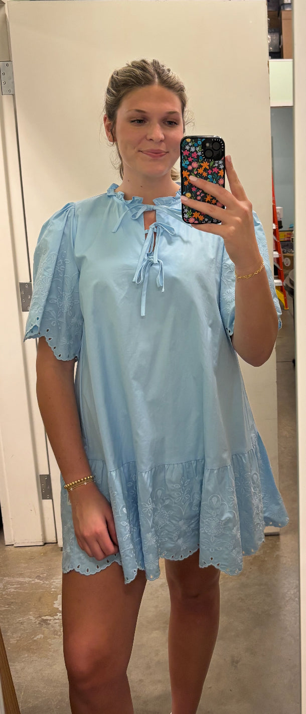 U Embroidered & Tied Dress -Lt. Blue