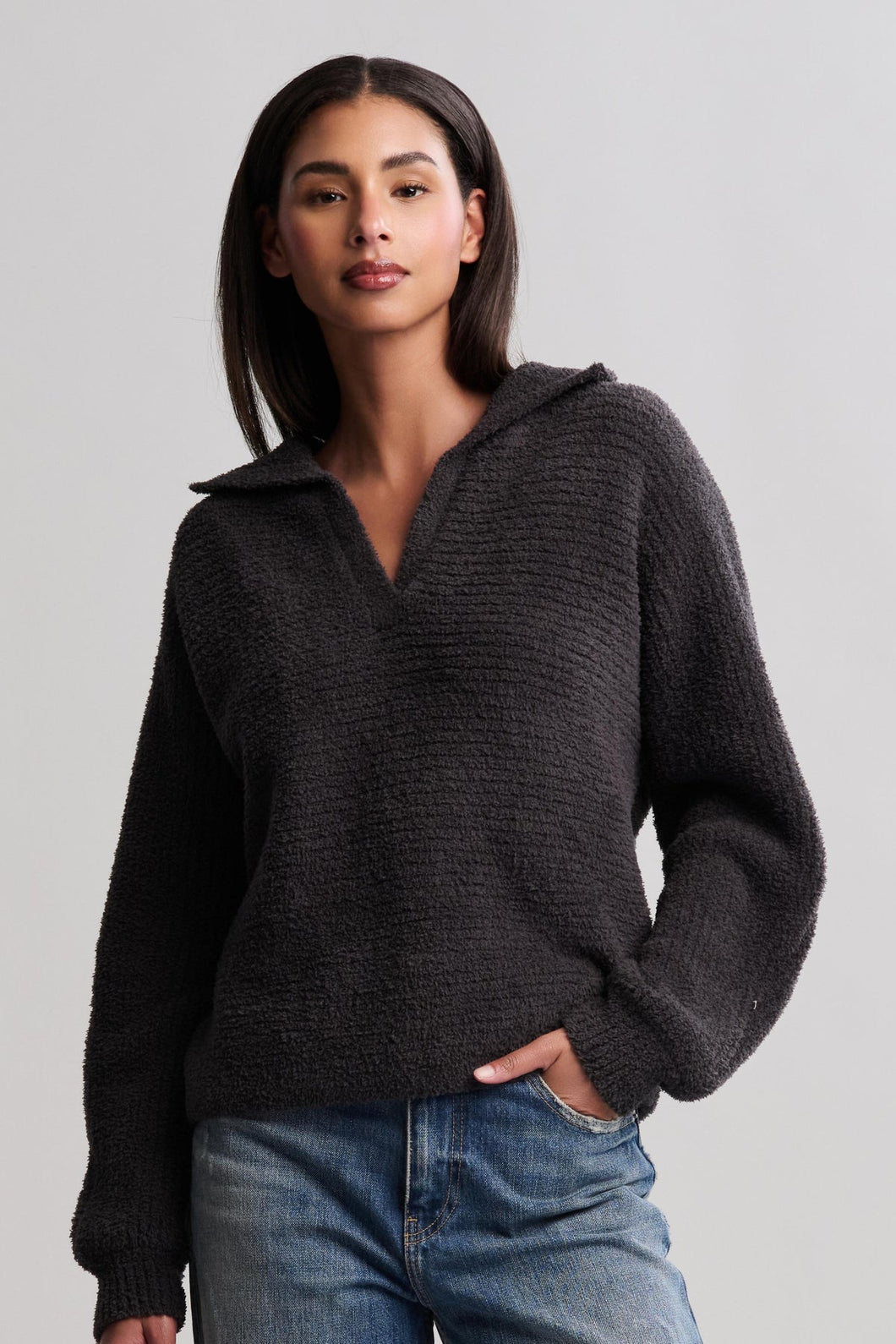 CozyChic Dolman Sleeve Collared Pullover -Carbon