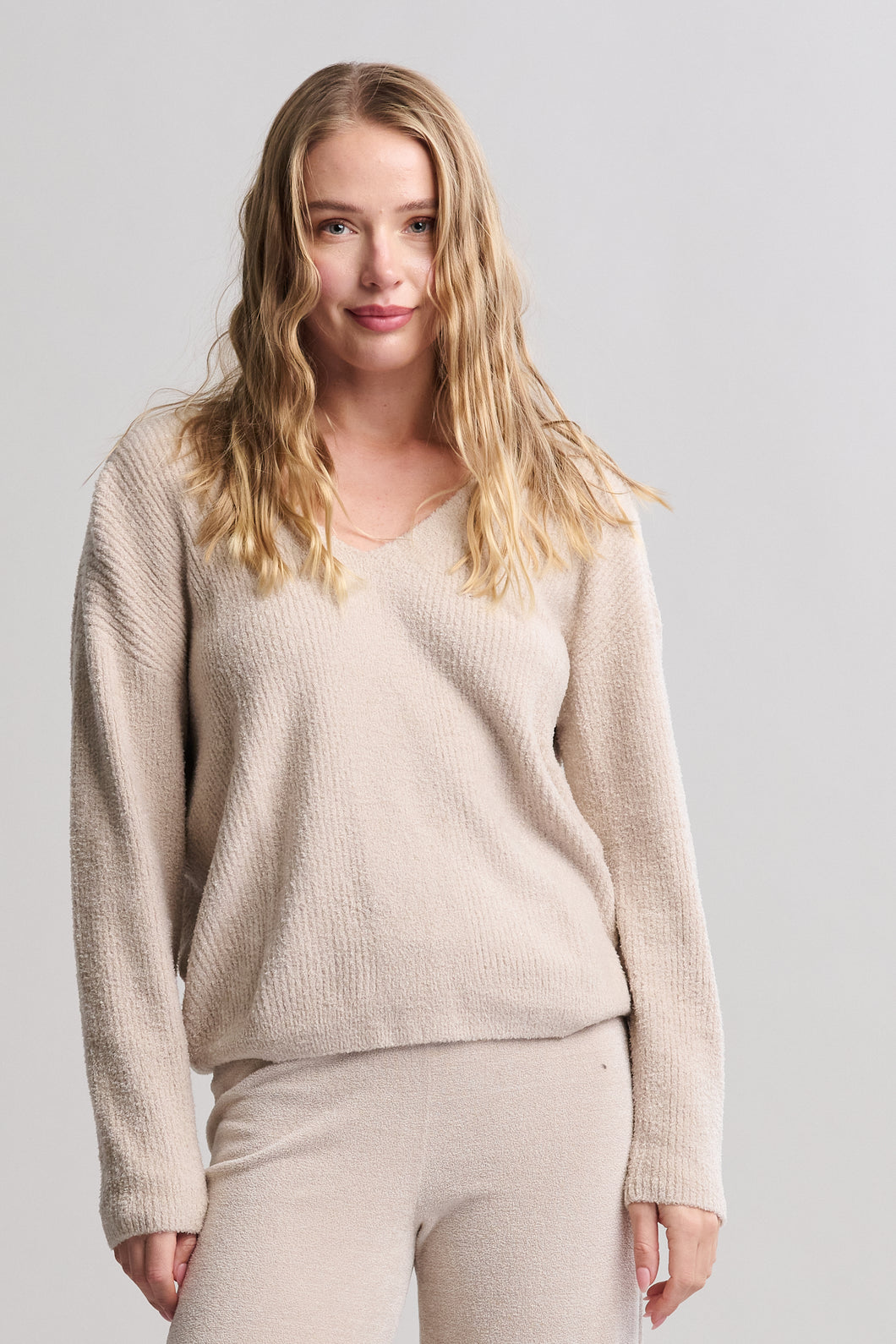 CozyChic Lite Ribbed V Pullover With Back Tie -Stone