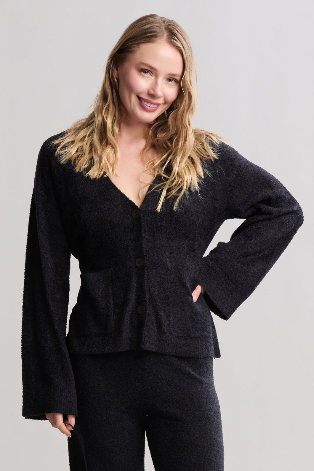 CozyChic Wide Sleeve Button Front Cardigan -Black
