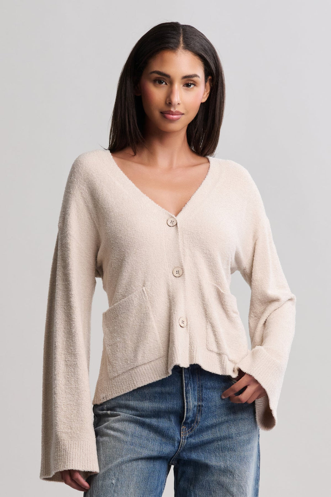 CozyChic Wide Sleeve Button Front Cardigan -Stone
