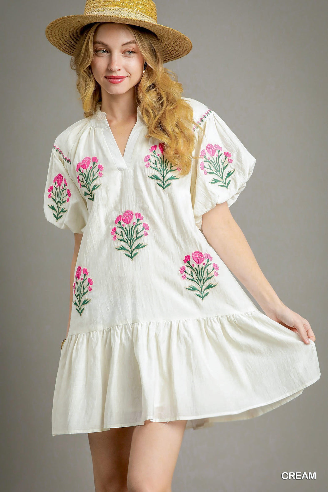 U Cream Boho Floral Embroidered Dress