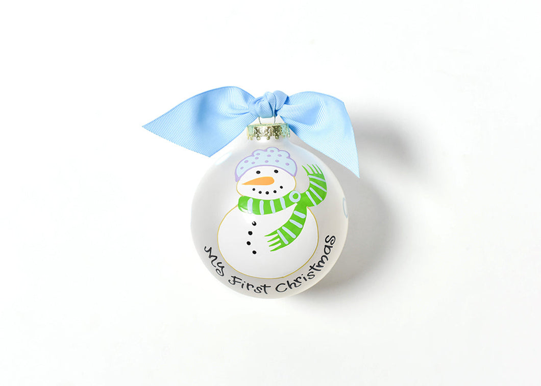 My First Christmas Snowman Blue Hat Glass Ornament