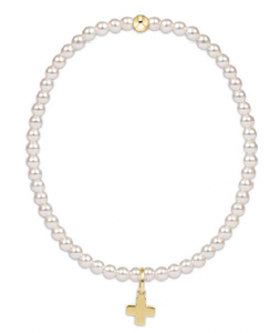 enewton egirl Classic Pearl Bead Bracelet -3mm -Sig Cross Small Gold Charm