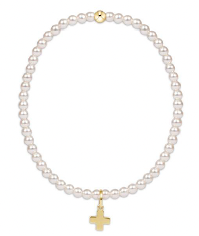 enewton egirl Classic Pearl Bead Bracelet -3mm -Sig Cross Small Gold Charm