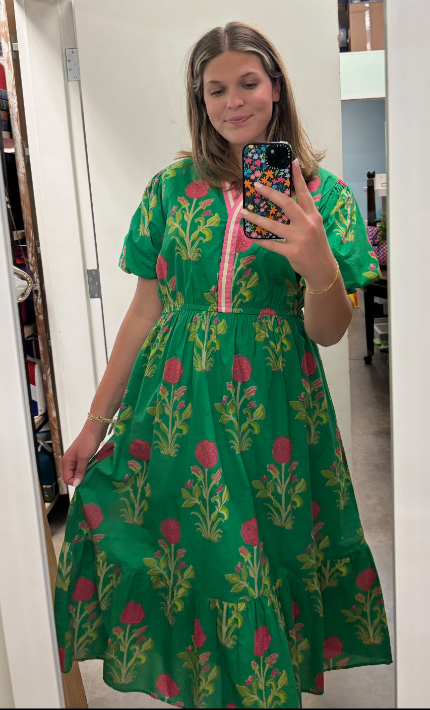 Th Green Flower Print Maxi Dress