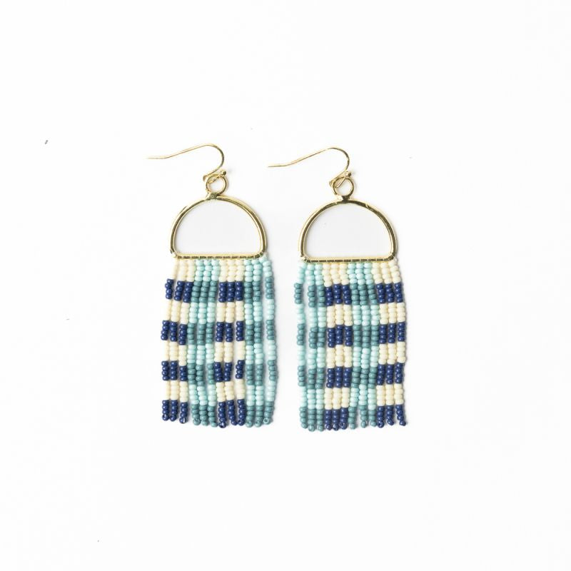 Allison Gingham Beaded Fringe Earrings -Blue