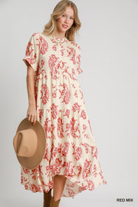 U Red Print Tiered Dress