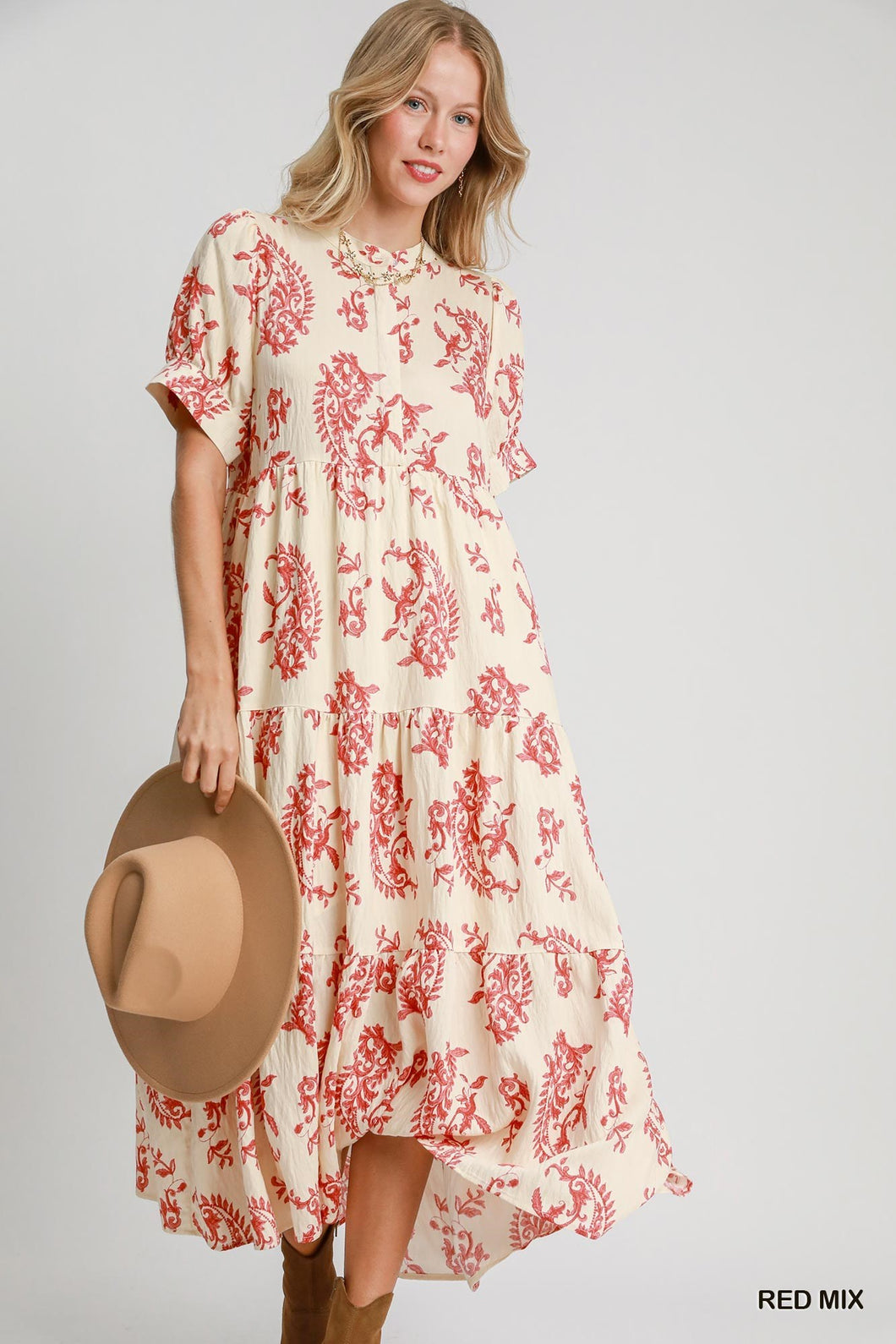 U Red Print Tiered Dress