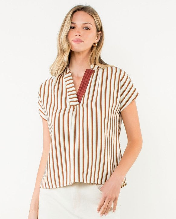Th Stripe V-Neck Ribbon Trim Top