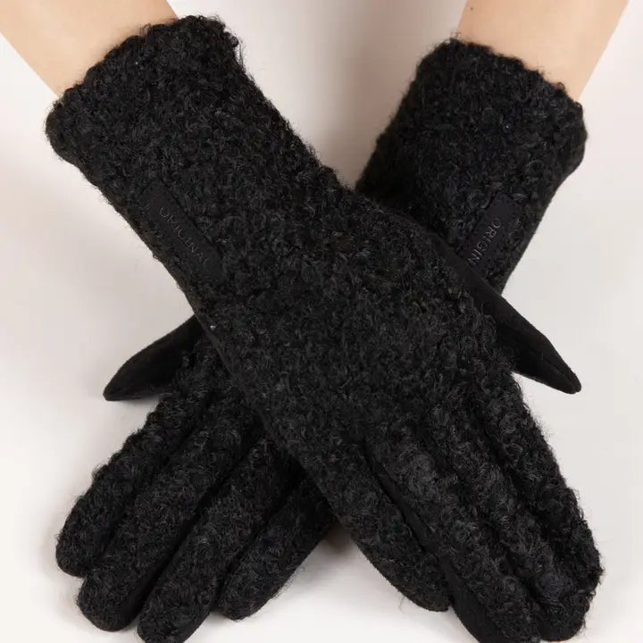 Boucle & Suede Touchscreen Gloves -Black