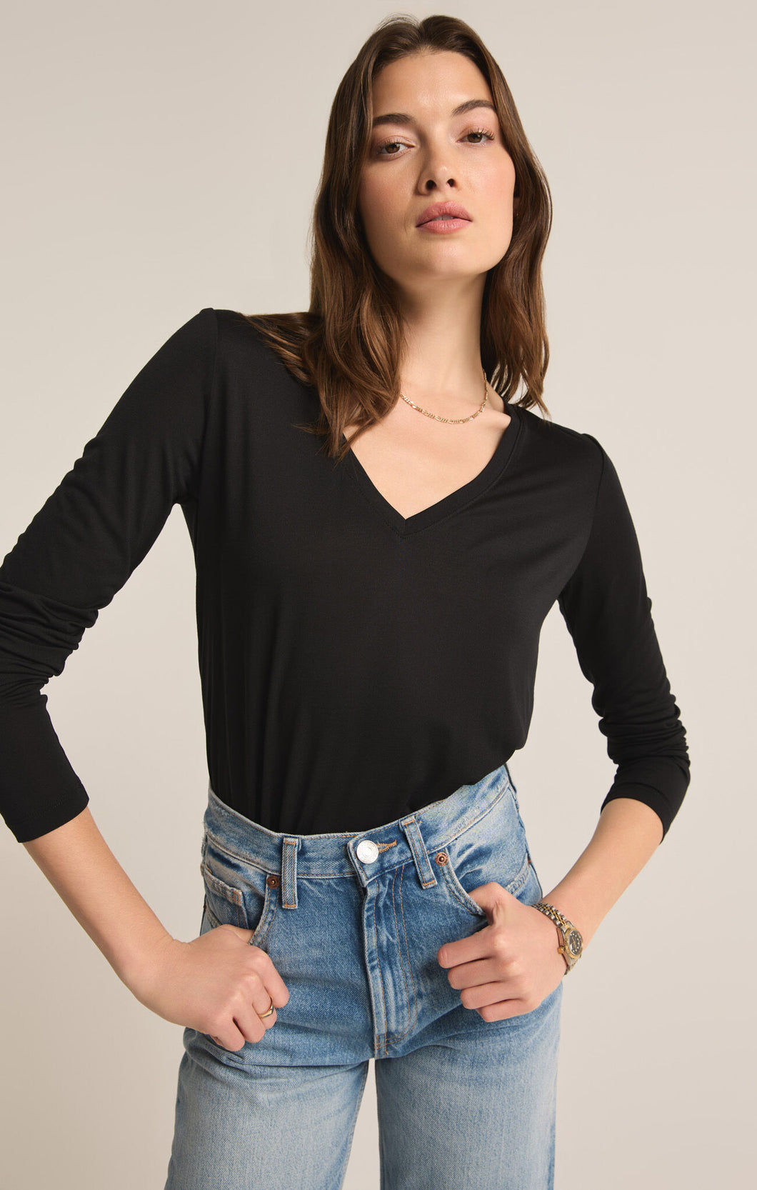 Z Supply Sammie V-Neck LS Top -Black