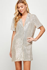 Taylor Sequin Shirt Dress -Silver