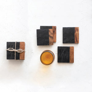 Black Marble & Natural Acacia Coasters