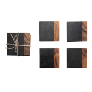 Black Marble & Natural Acacia Coasters