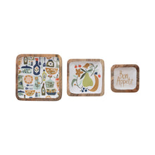 Load image into Gallery viewer, Enameled Mango Wood Trays w/ Kitchenware Pattern, Set of 3 ©
