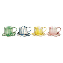 Load image into Gallery viewer, Stoneware Hand Stamped Striped Mug w/ Ruffled Saucer
