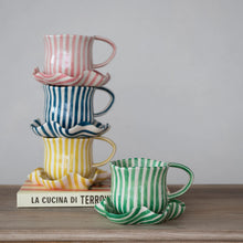 Load image into Gallery viewer, Stoneware Hand Stamped Striped Mug w/ Ruffled Saucer
