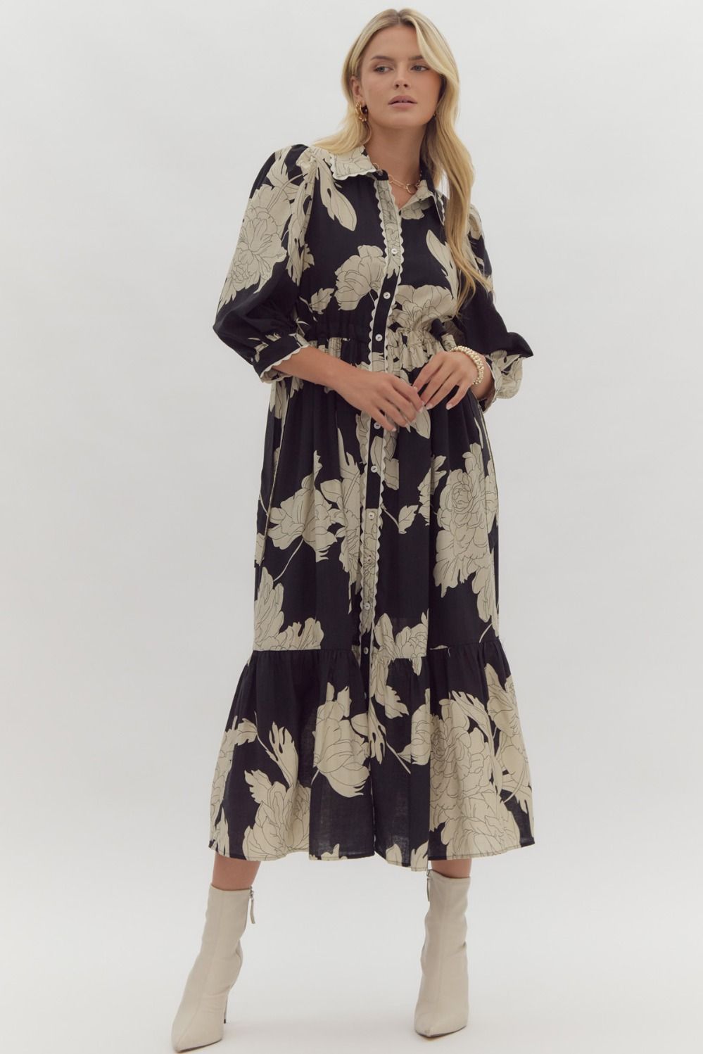 E Black Floral Print Dress