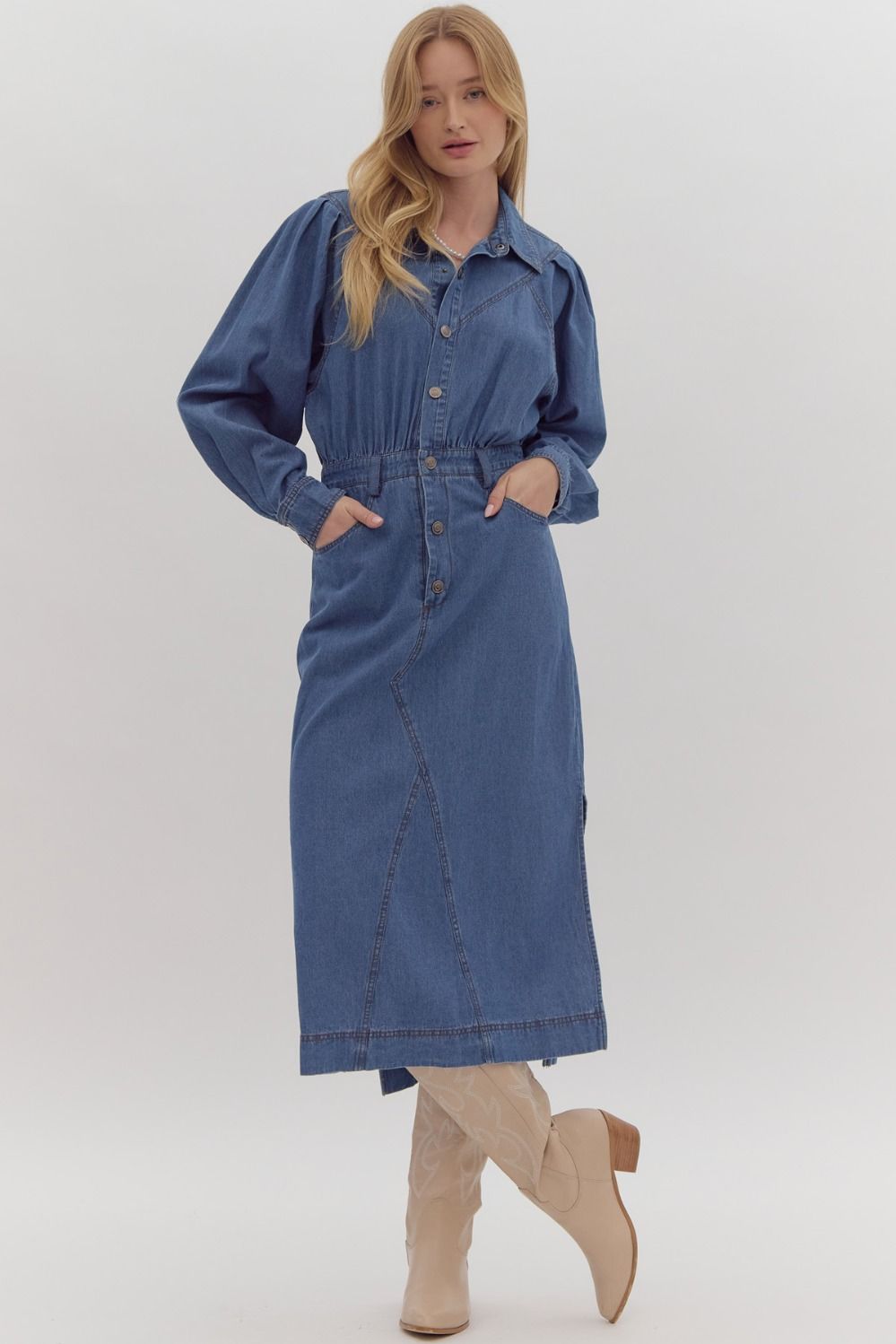 E Denim Blue Midi Shirt Dress