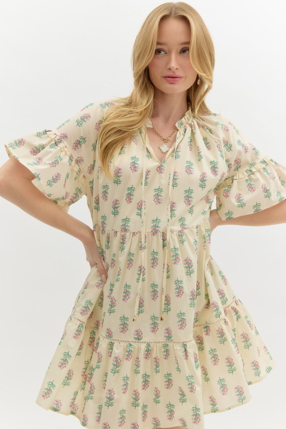E Cream Floral Sleeve Ruffle Dress