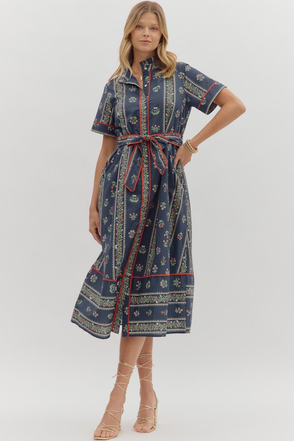 E Navy Linear Floral Print Dress