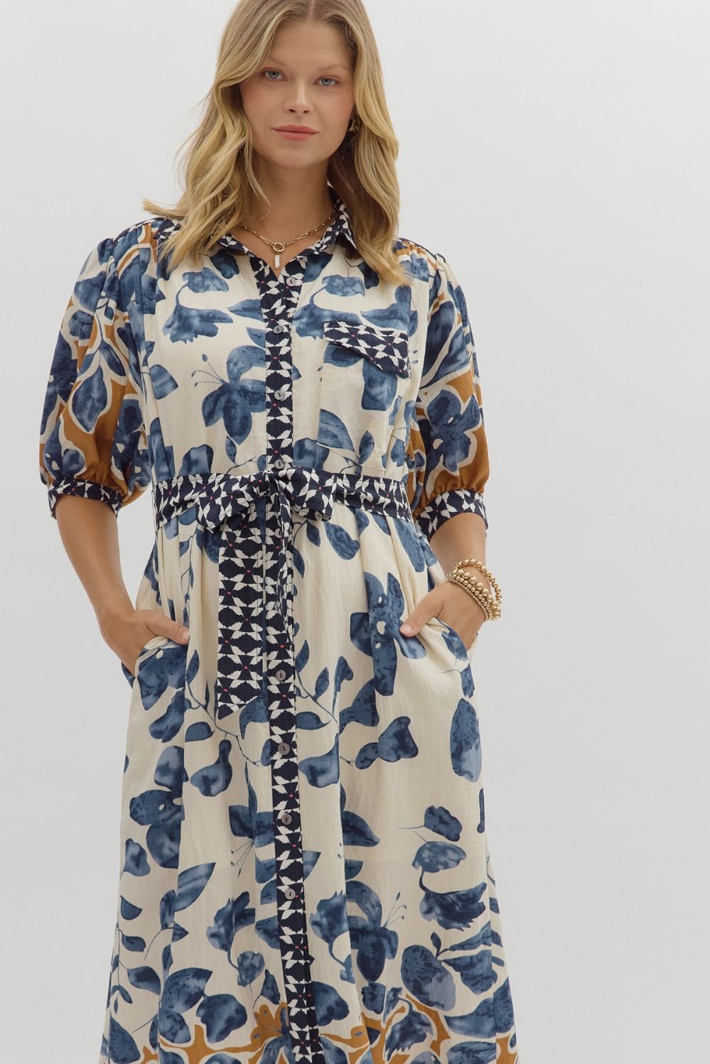 E Slate Blue Botanical Print Dress