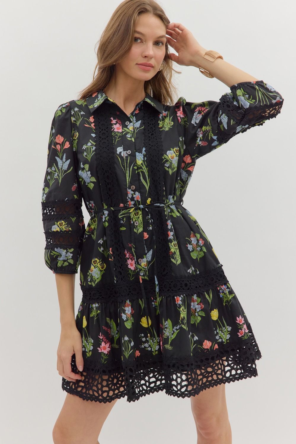 E Black Floral Crochet Trim Dress