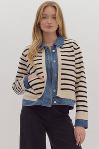 E Striped Sweater Denim Lapel Cardigan