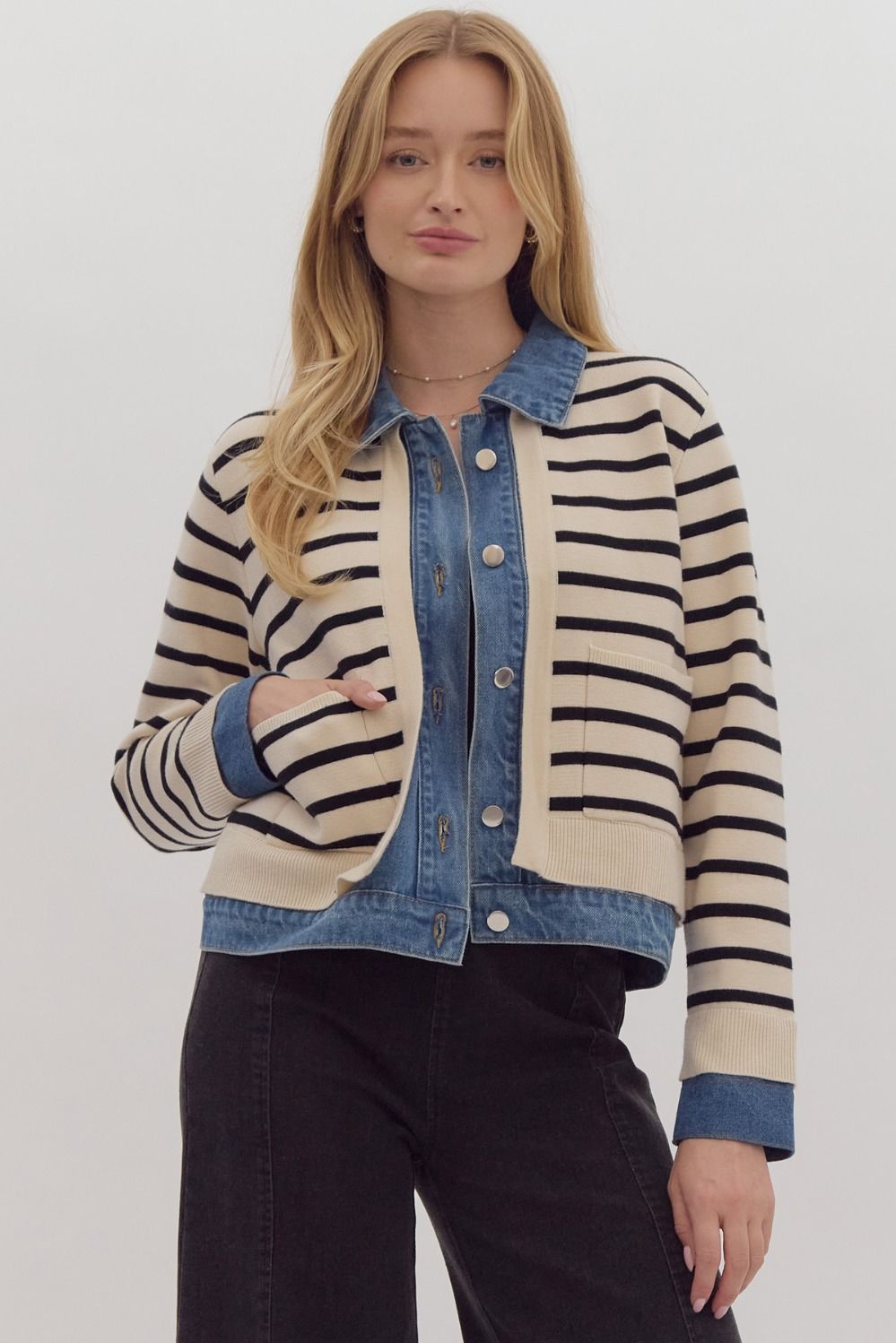 E Striped Sweater Denim Lapel Cardigan